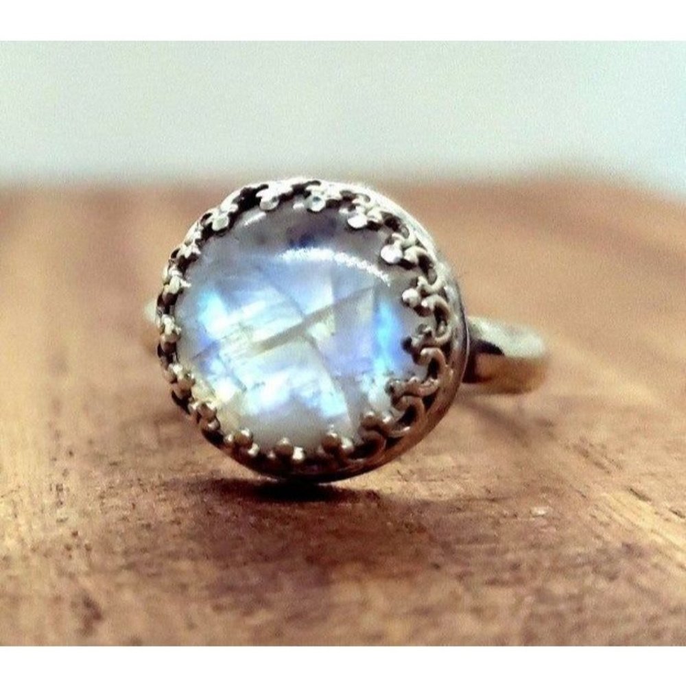 Moonstone crown crystal ring sterling silver ring size 6
